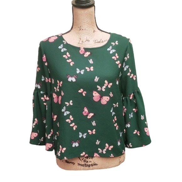 Stella Tweed Forest Green Butterfly Print Bell Sleeve Blouse Size M - Picture 1 of 12